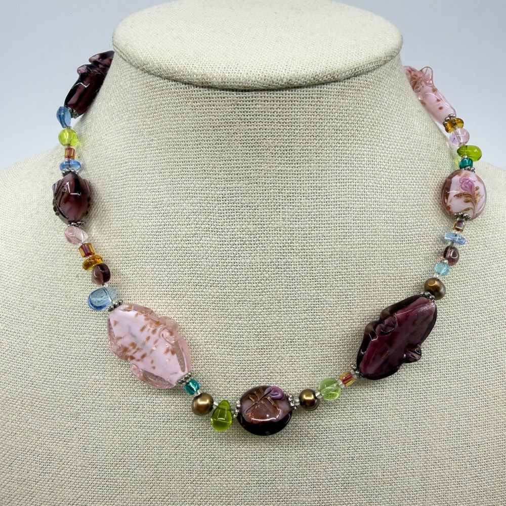 Pink Purple Lampwork Art Glass Floral Beaded Necklace Pearl Boho Statement Gift